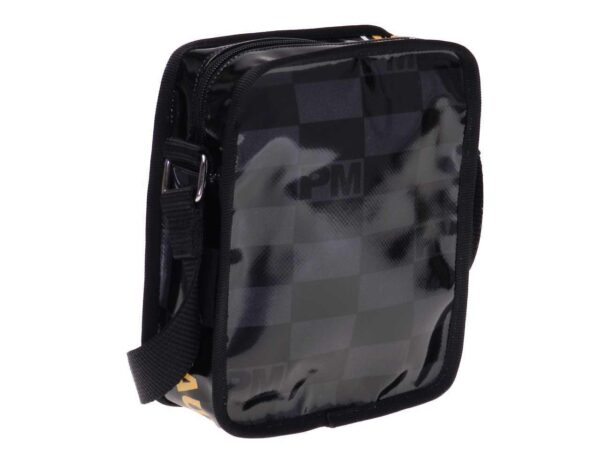 SHOULDER BAG BLACK AND GREY COLOURS GEOMETRIC FANTASY. STRATOS MODEL MADE OF LORRY TARPAULIN. - Limited Edition Paul Meccanico