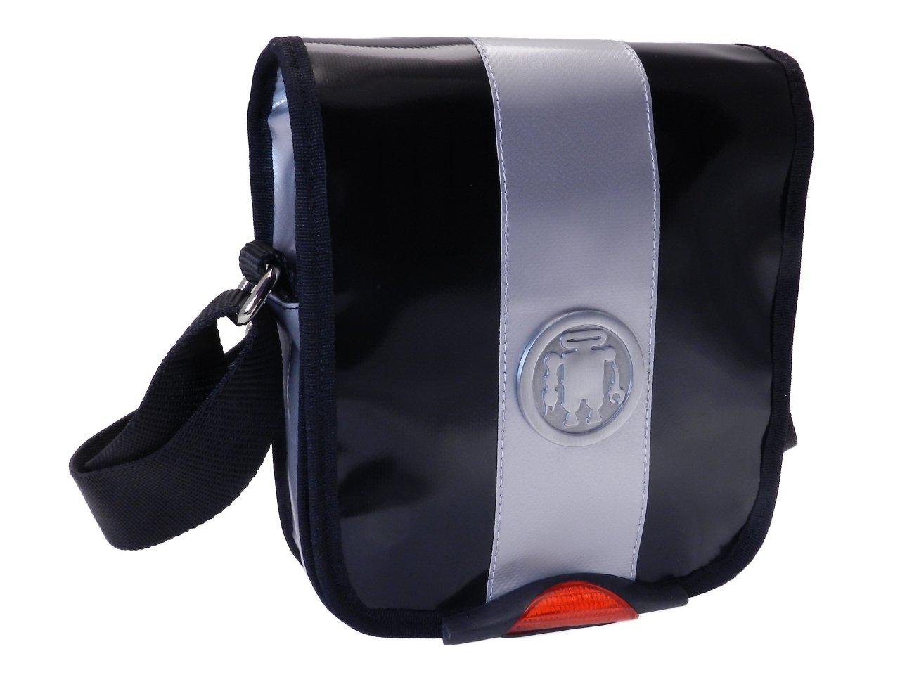 SHOULDER BAG BLACK AND SILVER COLOURS WITH METALLIC LOGO. MIPOK MODEL MADE OF LORRY TARPAULIN. - Unique Pieces Paul Meccanico
