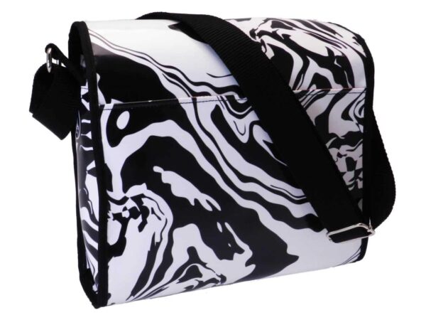 SHOULDER BAG BLACK AND WHITE COLOURS MADE OF LORRY TARPAULIN. BREAK MODEL ABSTRACT FANTASY. - Unique Pieces Paul Meccanico