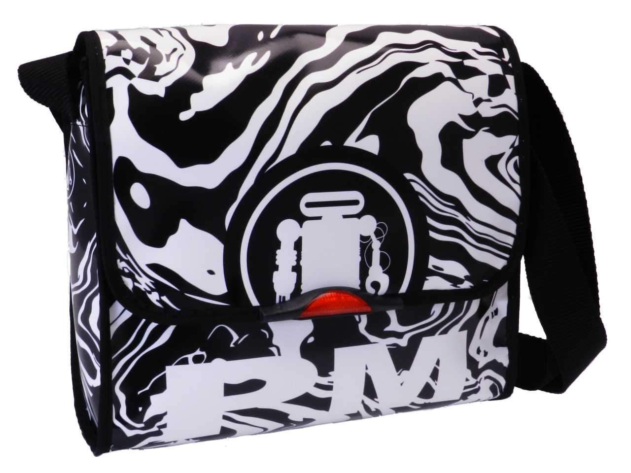 SHOULDER BAG BLACK AND WHITE COLOURS MADE OF LORRY TARPAULIN. BREAK MODEL ABSTRACT FANTASY. - Unique Pieces Paul Meccanico