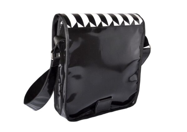 SHOULDER BAG BLACK AND WHITE WITH GEOMETRIC FANTASY. YOYO MODEL MADE OF LORRY TARPAULIN. - Paul Meccanico