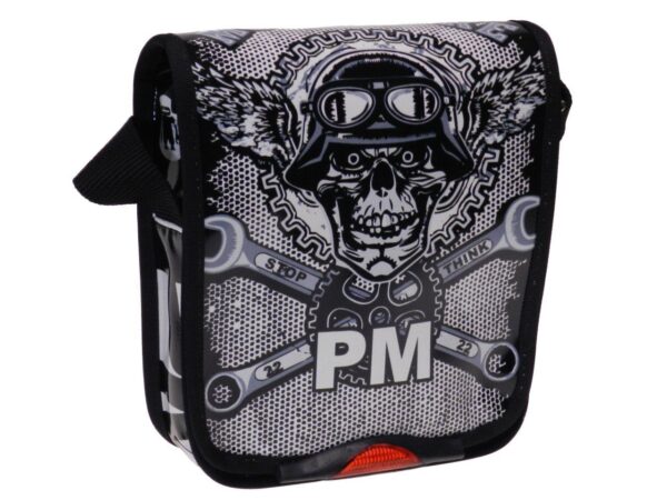 SHOULDER BAG BLACK AND WHITE WITH SKULL PRINT. MIPOK MODEL MADE OF LORRY TARPAULIN. - Unique Pieces Paul Meccanico