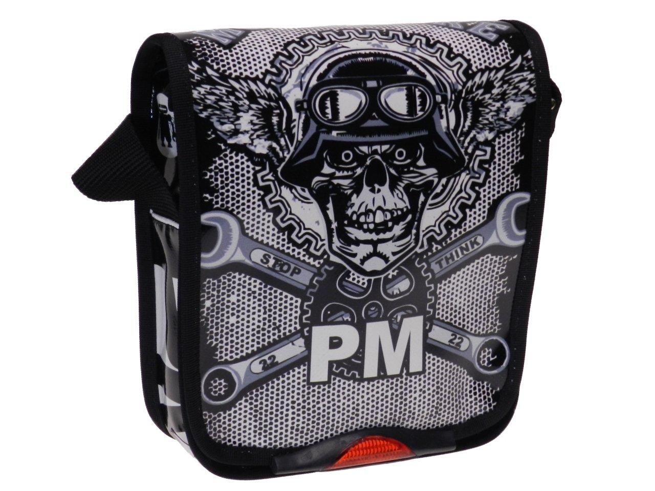SHOULDER BAG BLACK AND WHITE WITH SKULL PRINT. MIPOK MODEL MADE OF LORRY TARPAULIN. - Unique Pieces Paul Meccanico