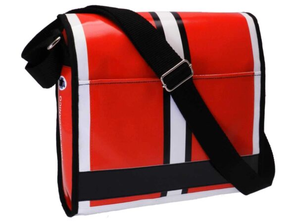 SHOULDER BAG BLACK WHITE AND RED COLOURS. BREAK MODEL MADE OF LORRY TARPAULIN. - Unique Pieces Paul Meccanico