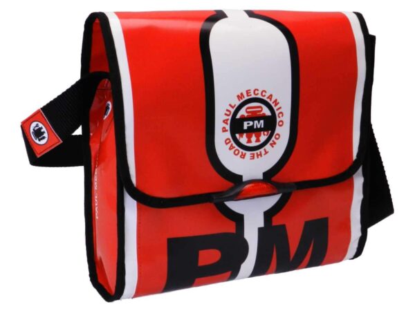 SHOULDER BAG BLACK WHITE AND RED COLOURS. BREAK MODEL MADE OF LORRY TARPAULIN. - Unique Pieces Paul Meccanico