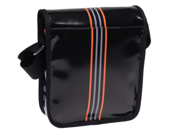 SHOULDER BAG BLACK WITH ORANGE AND GREY STRIPES. MIPOK MODEL MADE OF LORRY TARPAULIN. - Unique Pieces Paul Meccanico