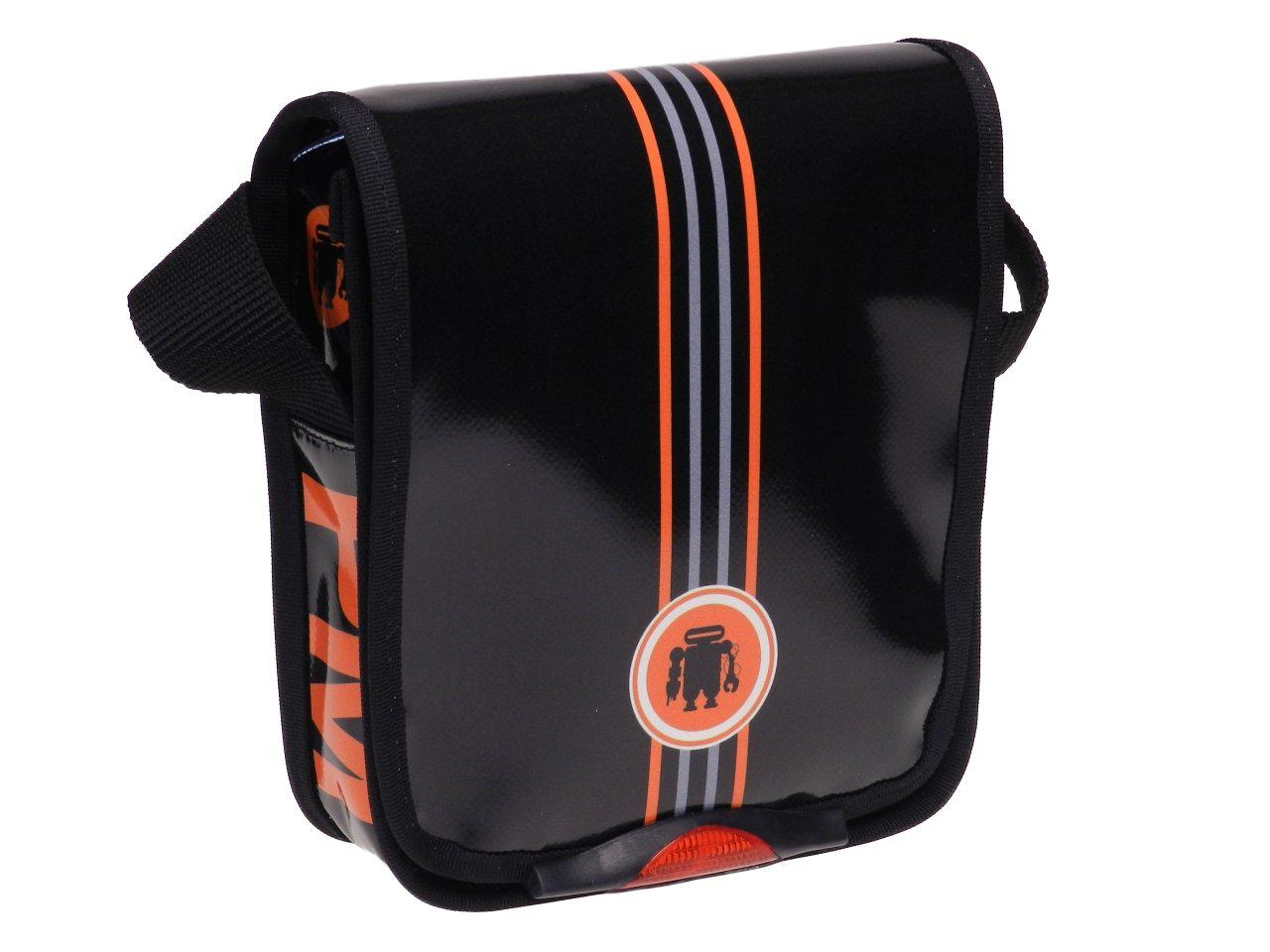 SHOULDER BAG BLACK WITH ORANGE AND GREY STRIPES. MIPOK MODEL MADE OF LORRY TARPAULIN. - Unique Pieces Paul Meccanico