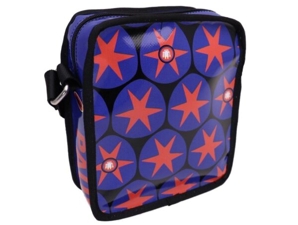 BLUE CROSSBODY BAG WITH RED STARS. MODEL STRATOS MADE OF LORRY TARPAULIN. - Limited Edition Paul Meccanico