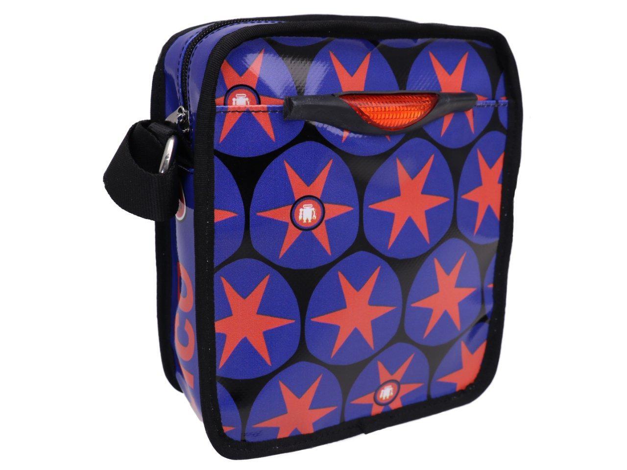 BLUE CROSSBODY BAG WITH RED STARS. MODEL STRATOS MADE OF LORRY TARPAULIN. - Limited Edition Paul Meccanico