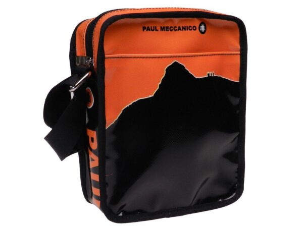 SHOULDER BAG "DISCOVER" BLACK AND ORANGE COLOURS WITH STYLIZED IMAGE OF MONTE SIBILLA. STRATOS MODEL MADE OF LORRY TARPAULIN.. - Limited Edition Paul Meccanico