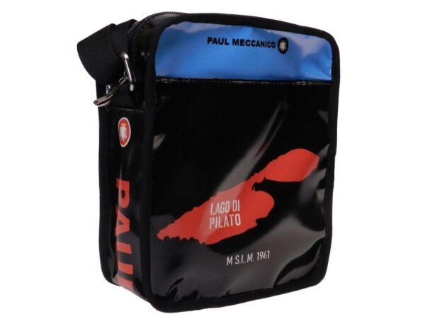 SHOULDER BAG "DISCOVER SIBILLINI" BLACK AND ORANGE COLOURS WITH STYLIZED IMAGE OF MONTE SIBILLA. STRATOS MODEL MADE OF LORRY TARPAULIN. - Limited Edition Paul Meccanico