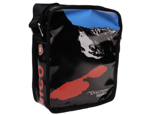 SHOULDER BAG "DISCOVER SIBILLINI" BLACK AND ORANGE COLOURS WITH STYLIZED IMAGE OF MONTE SIBILLA. STRATOS MODEL MADE OF LORRY TARPAULIN. - Limited Edition Paul Meccanico