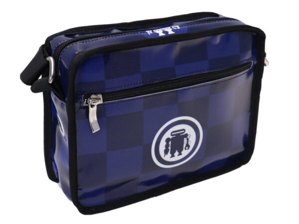 SMALL CROSSBODY BAG NAVY AND BLUE WITH GEOMETRIC FANTASY. MODEL FRIK MADE OF LORRY TARPAULIN. - Limited Edition Paul Meccanico