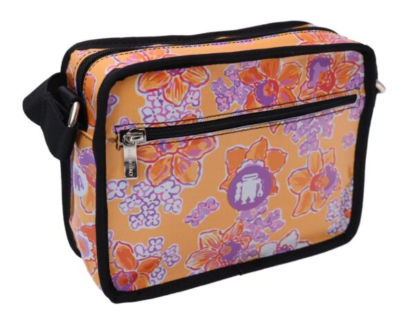 SMALL CROSSBODY BAG ORANGE LILAC WITH FLORAL FANTASY. MODEL FRIK MADE OF LORRY TARPAULIN. - Limited Edition Paul Meccanico