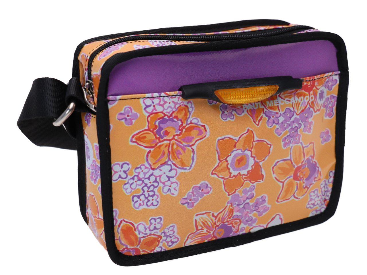 SMALL CROSSBODY BAG ORANGE LILAC WITH FLORAL FANTASY. MODEL FRIK MADE OF LORRY TARPAULIN. - Limited Edition Paul Meccanico