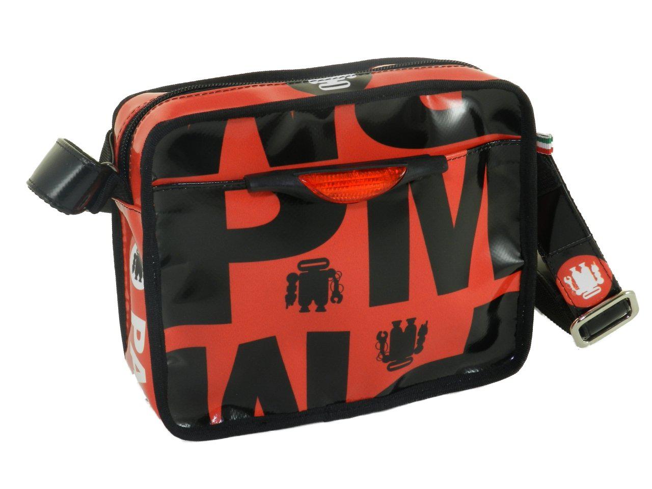 SHOULDER BAG RED AND BLACK COLOURS WITH LETTERING FANTASY. FRIK MODEL MADE OF LORRY TARPAULIN. - Limited Edition Paul Meccanico