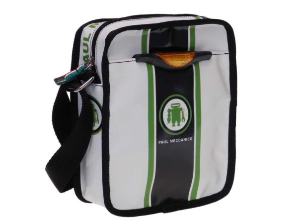 SHOULDER BAG WHITE, BLACK AND GREEN COLOURS. STRATOS MODEL MADE OF LORRY TARPAULIN. - Limited Edition Paul Meccanico