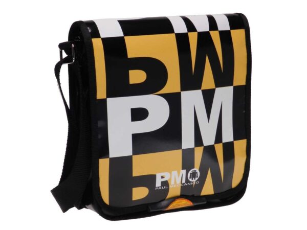 SHOULDER BAG YELLOW AND BLACK COLOURS WITH LETTERING FANTASY. YOYO MODEL MADE OF LORRY TARPAULIN. - Paul Meccanico