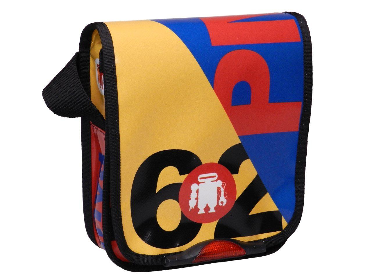 SHOULDER BAG YELLOW, RED AND BLUE COLOURS WITH "STOP AND THINK" SLOGAN. MIPOK MODEL MADE OF LORRY TARPAULIN. - Unique Pieces Paul Meccanico