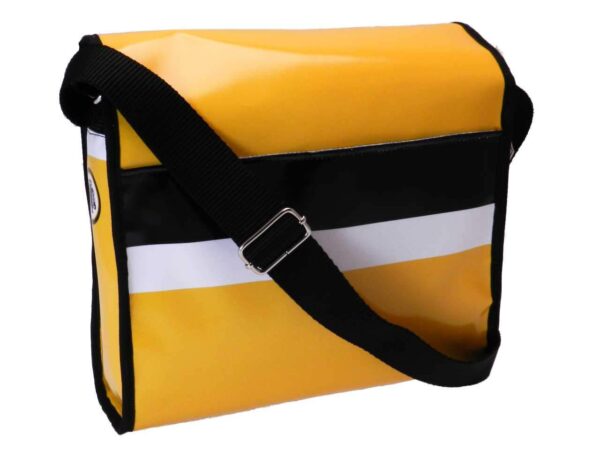 SHOULDER BAG YELLOW, WHITE AND BLACK COLOURS. BREAK MODEL MADE OF LORRY TARPAULIN. - Unique Pieces Paul Meccanico