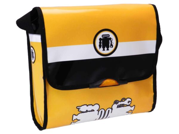 SHOULDER BAG YELLOW, WHITE AND BLACK COLOURS. BREAK MODEL MADE OF LORRY TARPAULIN. - Unique Pieces Paul Meccanico