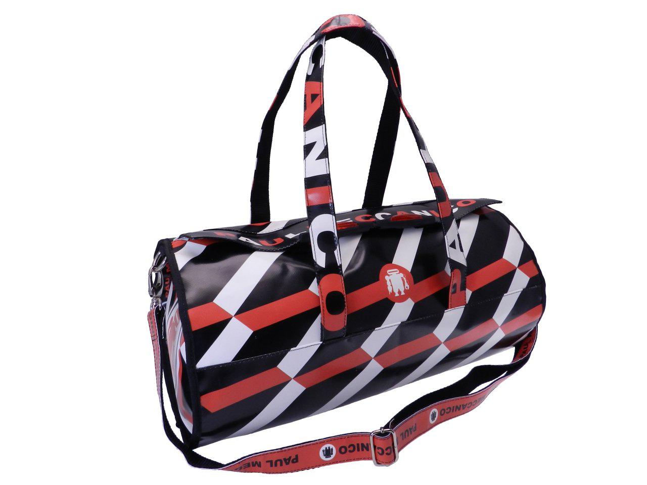 SPORT BAG BLACK, WHITE AND RED COLOURS. ROLLING MODEL MADE OF LORRY TARPAULIN. - Unique Pieces Paul Meccanico