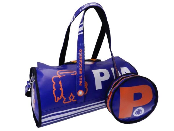 SPORTY BOSTON BAG BLUE WHITE. MODEL ROLLING MADE OF LORRY TARPAULIN. - Unique Pieces Paul Meccanico