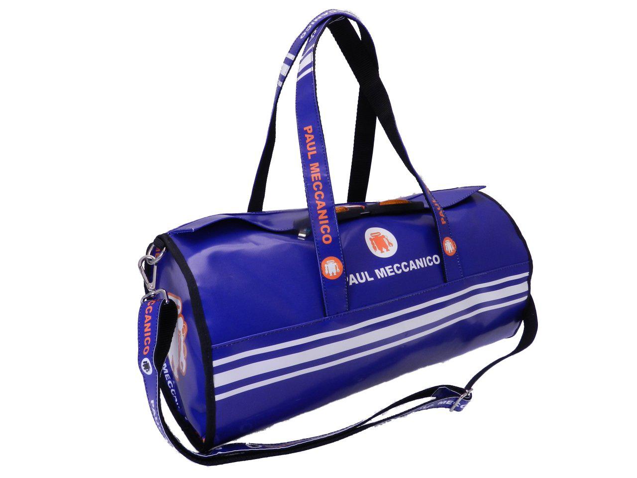 SPORTY BOSTON BAG BLUE WHITE. MODEL ROLLING MADE OF LORRY TARPAULIN. - Unique Pieces Paul Meccanico