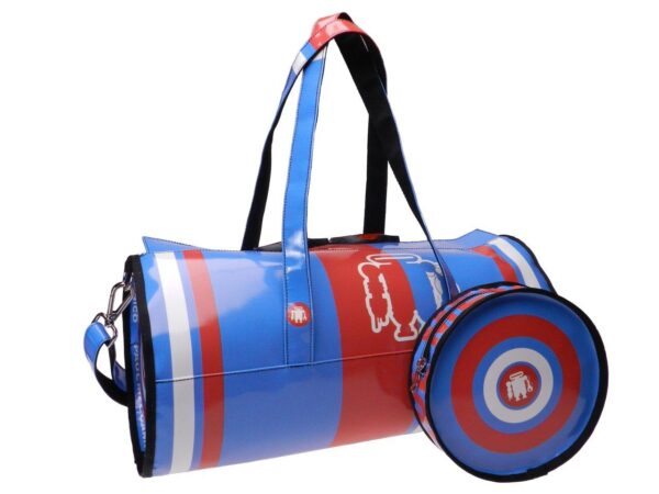 SPORTY BOSTON BAG BLUE, RED AND WHITE. MODEL ROLLING MADE OF LORRY TARPAULIN. - Unique Pieces Paul Meccanico