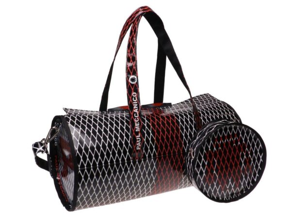 SPORTY BOSTON BAG WHITE, BLACK AND RED WITH NET PATTERN. MODEL ROLLING MADE OF LORRY TARPAULIN. - Unique Pieces Paul Meccanico