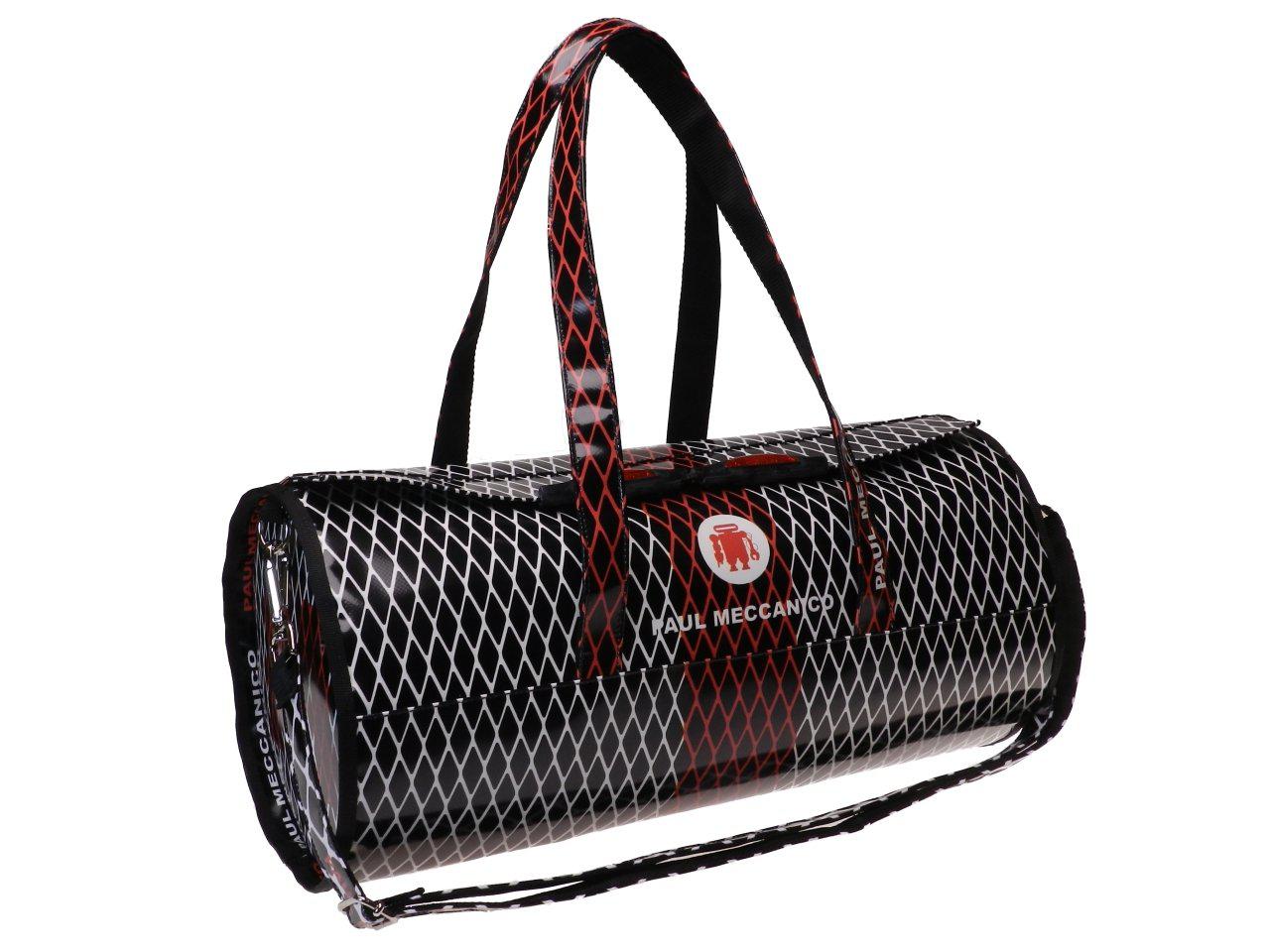 SPORTY BOSTON BAG WHITE, BLACK AND RED WITH NET PATTERN. MODEL ROLLING MADE OF LORRY TARPAULIN. - Unique Pieces Paul Meccanico