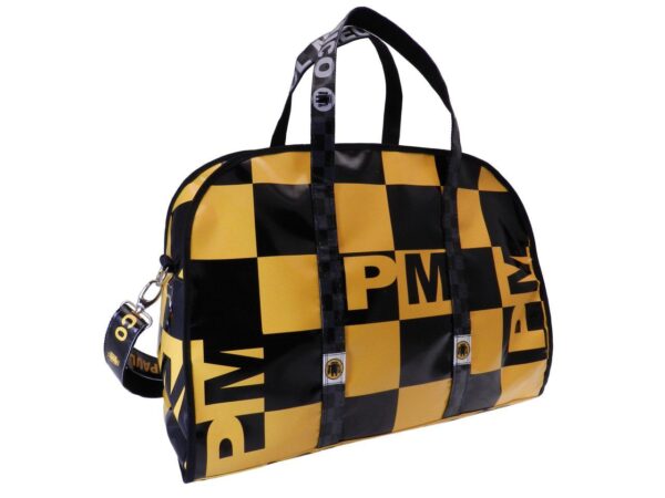 SPORTS BAG OR TRAVEL BAG YELLOW AND BLACK WITH CHESS FANTASY. RAID MODEL IN LORRY TARPAULIN GRAND PRIX STYLE. - Unique Pieces Paul Meccanico