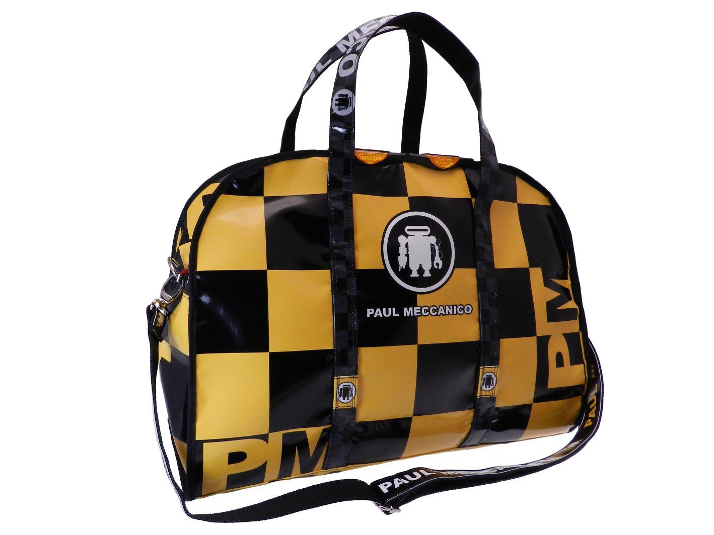 SPORTS BAG OR TRAVEL BAG YELLOW AND BLACK WITH CHESS FANTASY. RAID MODEL IN LORRY TARPAULIN GRAND PRIX STYLE. - Unique Pieces Paul Meccanico