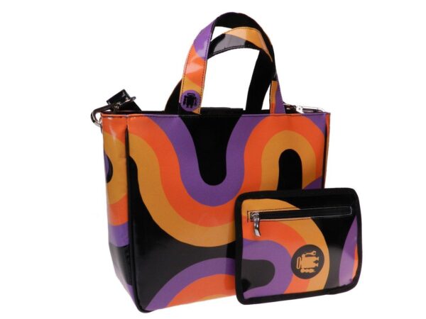 TOTE BAG 70S STYLE FANTASY BLACK, ORANGE, LILAC AND YELLOW COLOURS. GLAM MODEL MADE OF LORRY TARPAULIN. - Unique Pieces Paul Meccanico