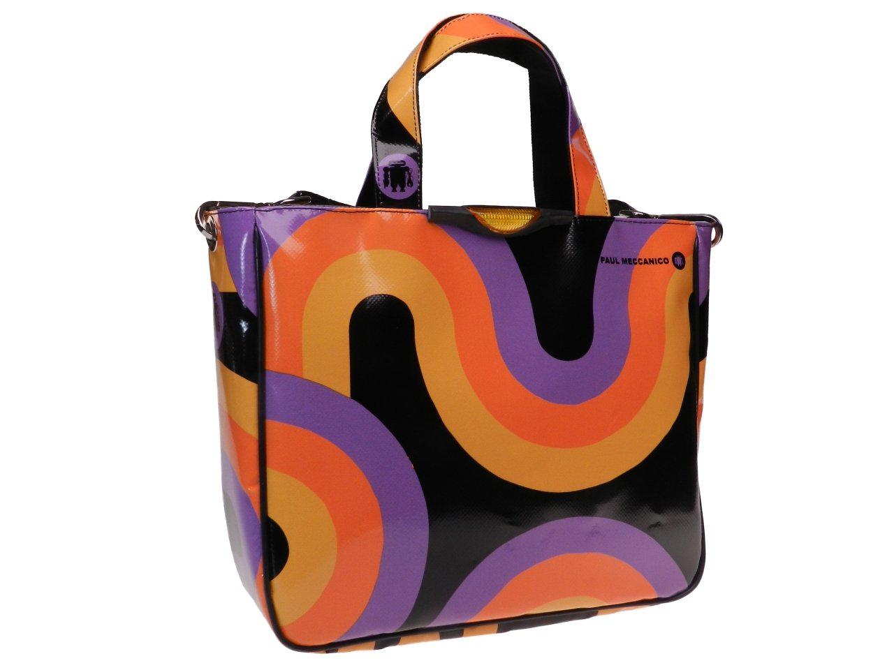 TOTE BAG 70S STYLE FANTASY BLACK, ORANGE, LILAC AND YELLOW COLOURS. GLAM MODEL MADE OF LORRY TARPAULIN. - Unique Pieces Paul Meccanico