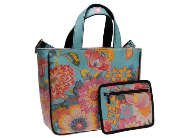 TOTE BAG AQUAMARINE FLORAL FANTASY. GLAM MODEL MADE OF SOFT SYNTETHIC LEATHER. - Unique Pieces Paul Meccanico