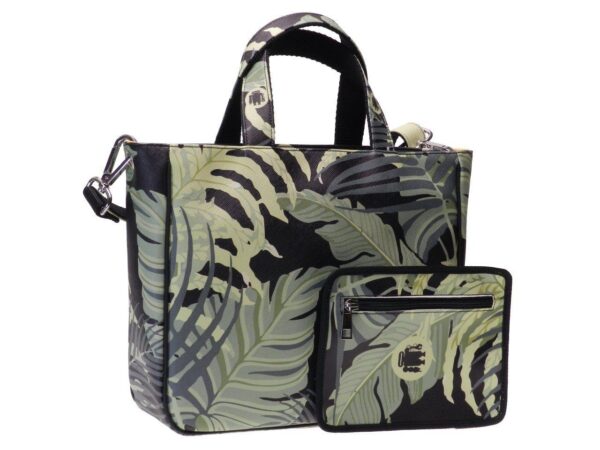 TOTE BAG BLACK AND GREEN COLOURS WITH PALMS PRINT. GLAM MODEL MADE OF CRUELTY FREE LEATHER. - Unique Pieces Paul Meccanico
