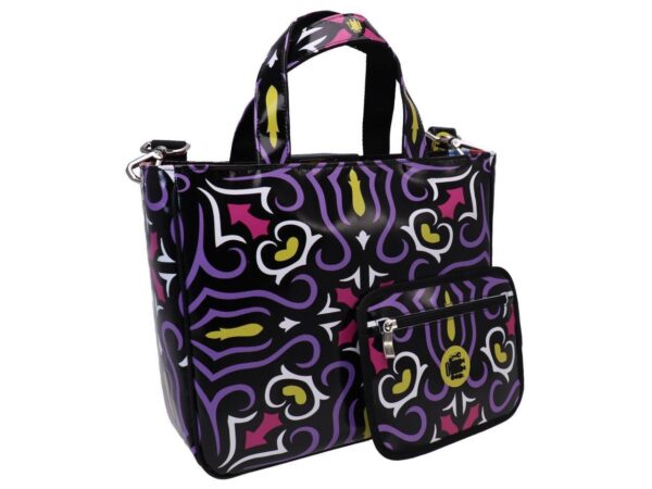 TOTE BAG BLACK AND LILAC WITH MAJOLICA FANTASY. MODEL GLAM MADE OF LORRY TARPAULIN. - Unique Pieces Paul Meccanico