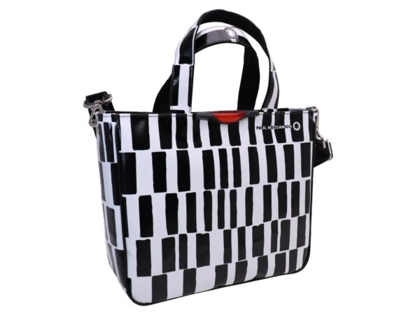 TOTE BAG BLACK AND WHITE COLOURS GEOMETRIC FANTASY. GLAM MODEL MADE OF LORRY TARPAULIN. - Unique Pieces Paul Meccanico