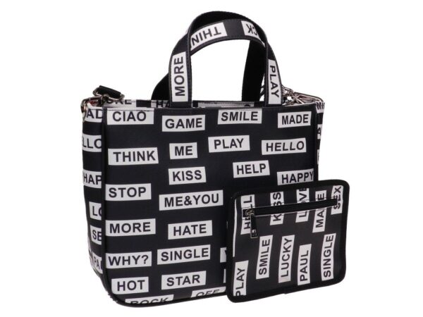 TOTE BAG BLACK AND WHITE COLOURS "MESSAGE". GLAM MODEL MADE OF SOFT SYNTETHIC LEATHER. - Unique Pieces Paul Meccanico