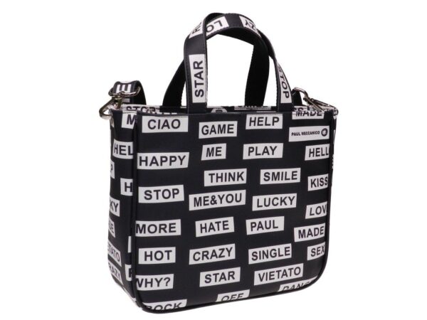 TOTE BAG BLACK AND WHITE COLOURS "MESSAGE". GLAM MODEL MADE OF SOFT SYNTETHIC LEATHER. - Unique Pieces Paul Meccanico