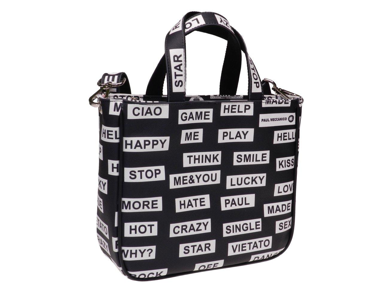 TOTE BAG BLACK AND WHITE COLOURS "MESSAGE". GLAM MODEL MADE OF SOFT SYNTETHIC LEATHER. - Unique Pieces Paul Meccanico