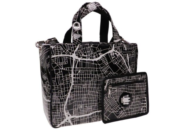 TOTE BAG BLACK AND WHITE COLOURS "ROAD MAP". GLAM MODEL MADE OF LORRY TARPAULIN. - Unique Pieces Paul Meccanico