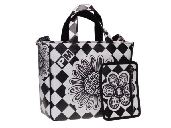 TOTE BAG BLACK AND WHITE COLOURS WITH CHESS AND FLORAL FANTASY. GLAM MODEL MADE OF SOFT SYNTETHIC LEATHER. - Unique Pieces Paul Meccanico