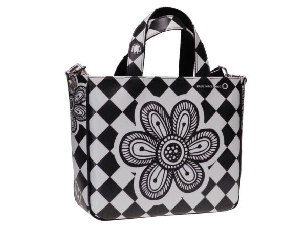TOTE BAG BLACK AND WHITE COLOURS WITH CHESS AND FLORAL FANTASY. GLAM MODEL MADE OF SOFT SYNTETHIC LEATHER. - Unique Pieces Paul Meccanico
