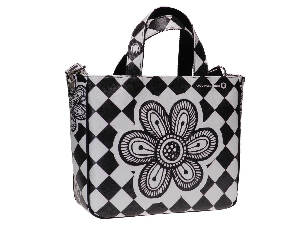 TOTE BAG BLACK AND WHITE COLOURS WITH CHESS AND FLORAL FANTASY. GLAM MODEL MADE OF SOFT SYNTETHIC LEATHER. - Unique Pieces Paul Meccanico