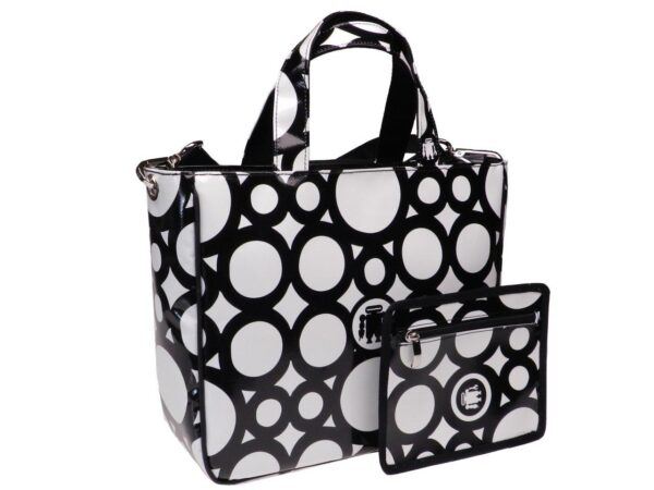 TOTE BAG BLACK AND WHITE COLOURS WITH CIRCLES PATTERN. GLAM MODEL MADE OF LORRY TARPAULIN. - Unique Pieces Paul Meccanico