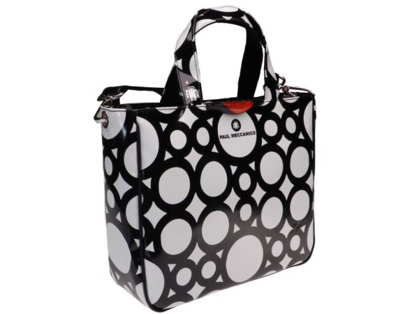 TOTE BAG BLACK AND WHITE COLOURS WITH CIRCLES PATTERN. GLAM MODEL MADE OF LORRY TARPAULIN. - Unique Pieces Paul Meccanico