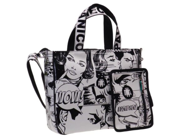 TOTE BAG BLACK AND WHITE COLOURS WITH COMIC STYLE. GLAM MODEL MADE OF LORRY TARPAULIN. - Unique Pieces Paul Meccanico