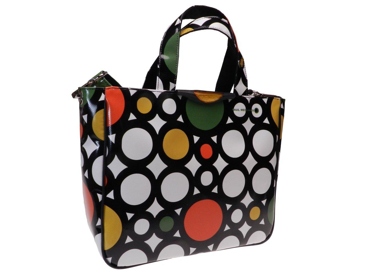 TOTE BAG BLACK AND WHITE COLOURS WITH RED, GREEN AND YELLOW BUBBLES. GLAM MODEL MADE OF LORRY TARPAULIN. - Unique Pieces Paul Meccanico